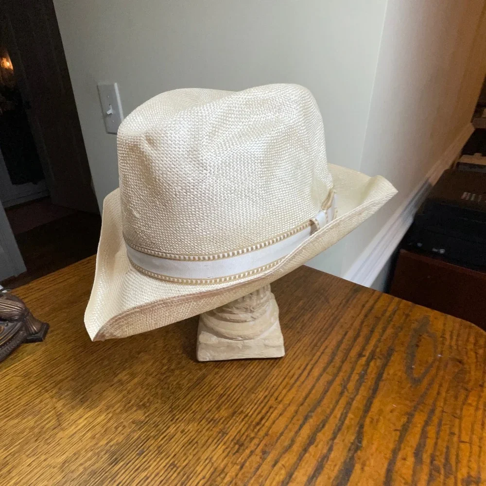 Stetson Straw Fedora Hat Cream Off White Woven Panama Style Size 7 5/8 61cm Luxe - Picture 7 of 15